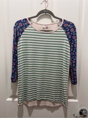 Matilda Jane 435 Raglan Top - Green Stripe with Blue Floral Sleeves